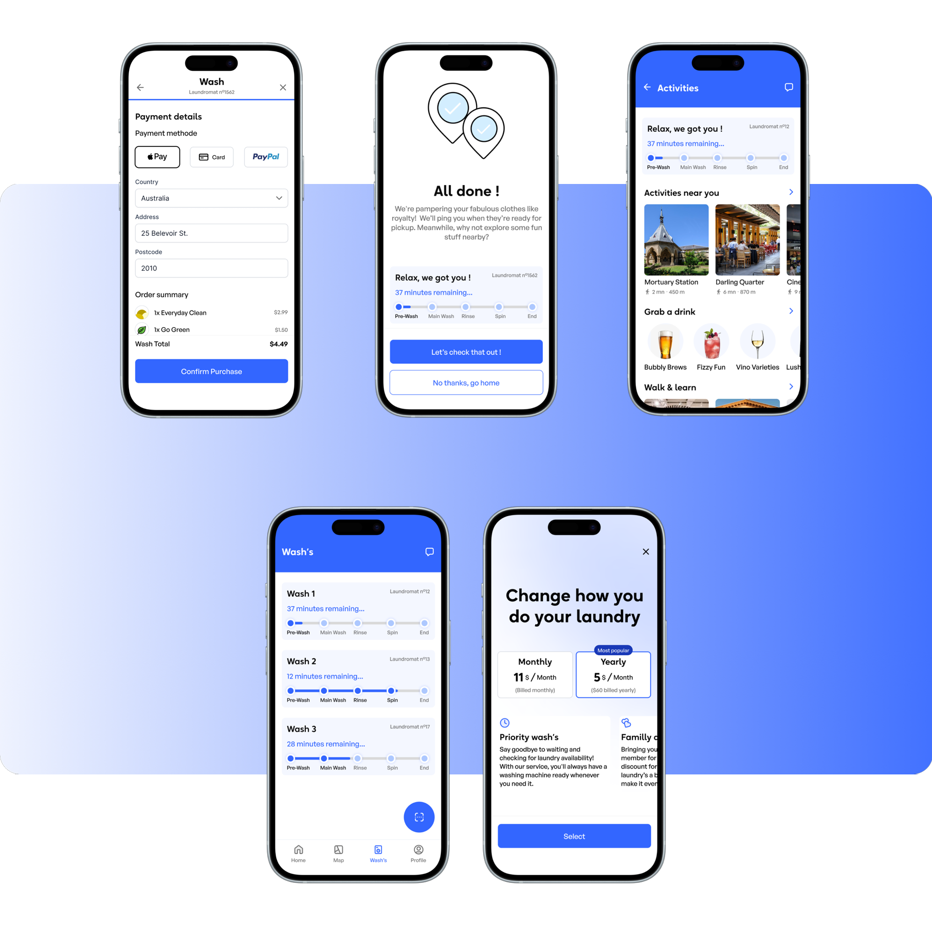 Processus de Paiement et Suivi de Lavage – UX/UI App Wash | Martin Pontegnier