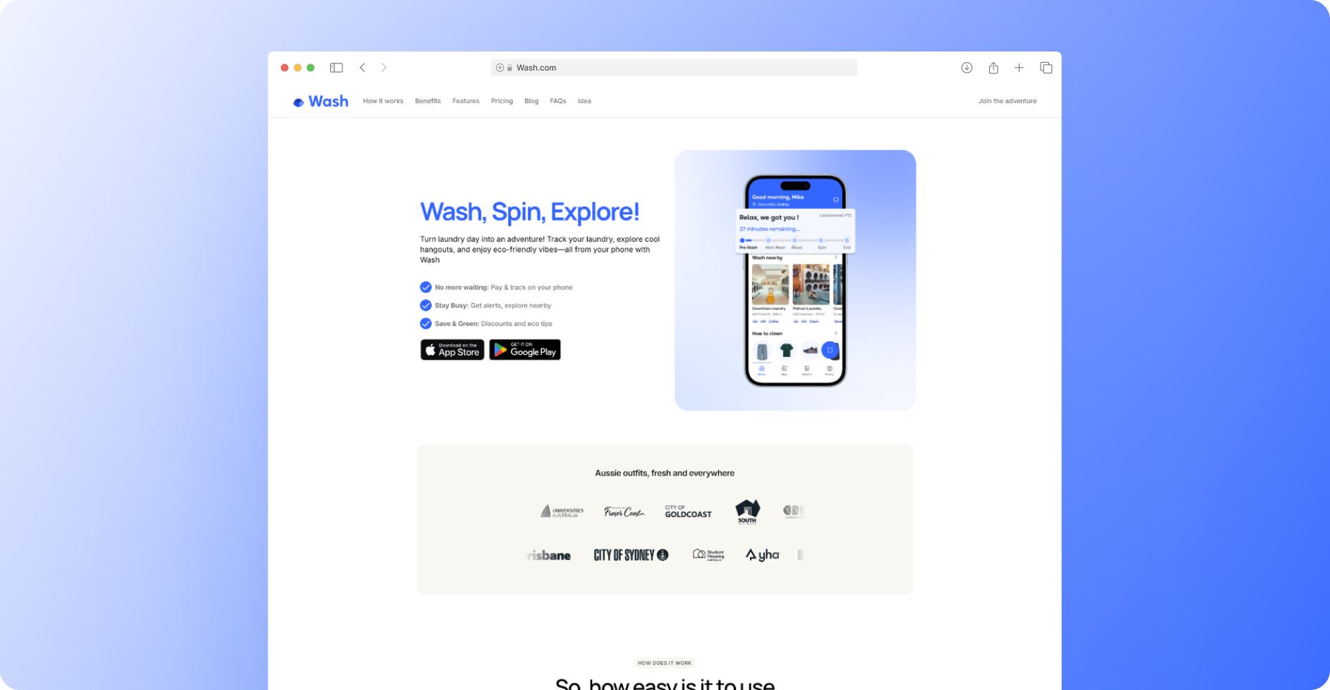 Page d’Accueil – Application Wash
